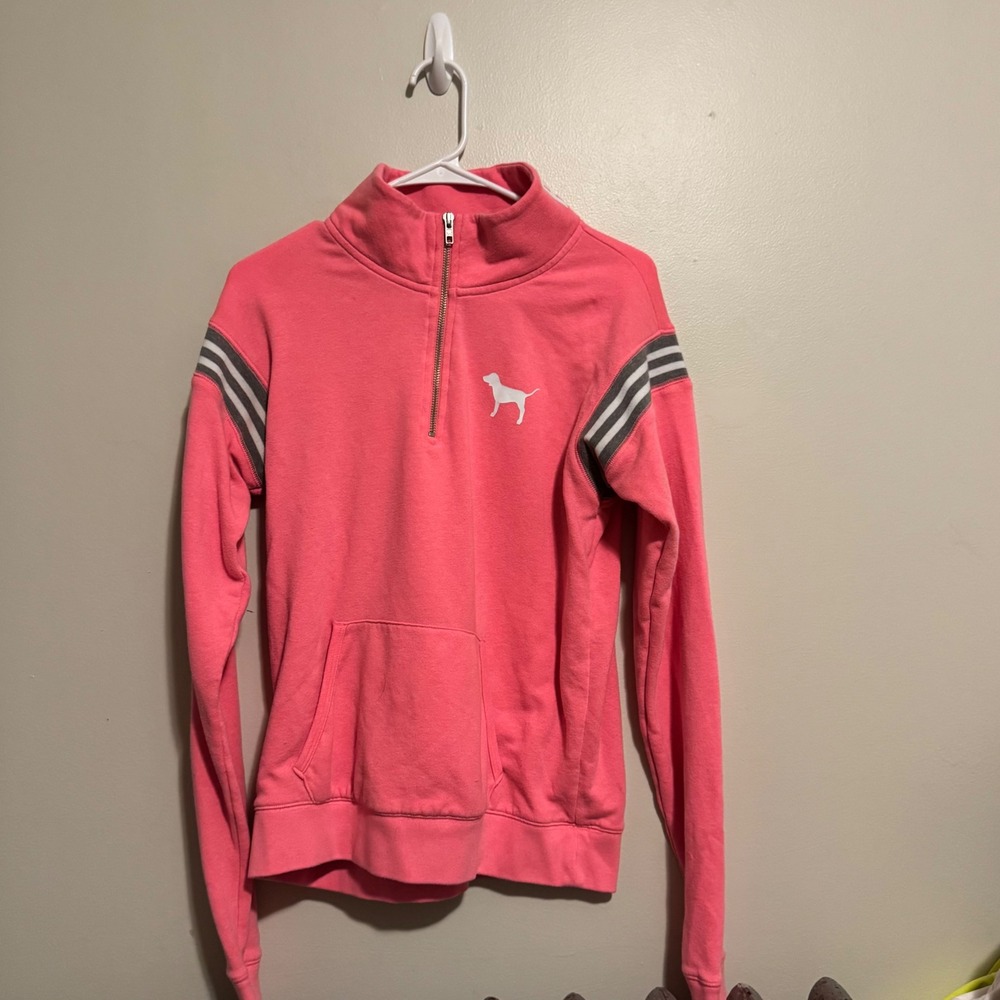 VTG Pink VS Limited Edition Quarter Zip Sweatshirt Dog Logo Gray Stripes S